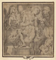 Figure che curano il ferito San Sebastiano
