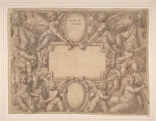 Un cartiglio e due scudi circondati da figure allegoriche