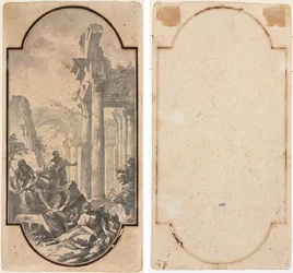 Figure vicino alle rovine di un tempio corinzio (recto); Frammento di un arco (traccia dal recto) (verso)