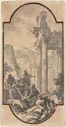 Figure vicino alle rovine di un tempio corinzio recto, frammento di un arco tracciato da recto verso