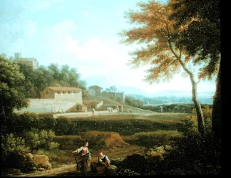 Paesaggio con figure a riposo con una città sullo sfondo
