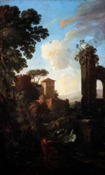 Paesaggio con rovine e pittore, di Andrea Locatelli