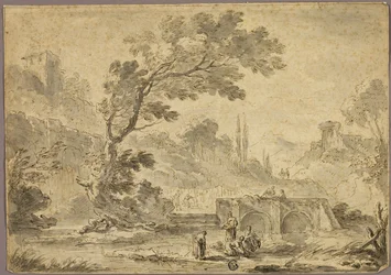 Lavandaie al ruscello in un paesaggio all