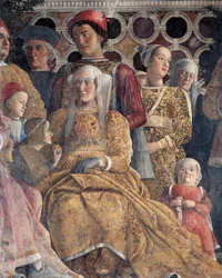 Barbara di Brandeburgo con sua figlia Paula e Rodolfo Gonzaga, dettaglio dal Muro della Corte, affresco, Castello di San Giorgio, Camera degli Sposi, Mantova