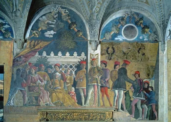 Marchese Ludovico Gonzaga III, sua moglie Barbara di Brandeburgo, i loro figli, cortigiani e il loro cane Rubino, dalla Camera degli Sposi o Camera Picta, 1465-74