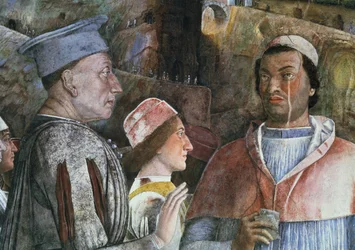 Marchese Ludovico Gonzaga III di Mantova che accoglie il figlio Cardinale Francesco Gonzaga (dalla Camera degli Sposi o Camera Picta)