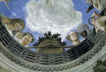 Oculo del soffitto della Camera degli Sposi, Palazzo Ducale di Mantova, Italia (Camera degli Sposi, Palazzo Ducale, Mantova): dettaglio di figure allegoriche e putti. Affresco di Andrea Mantegna (1431-1506)