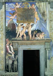 Putti con ali di farfalla che sorreggono la targa dedicatoria, con cani da caccia e i loro conduttori in basso, dalla Camera degli Sposi o Camera Picta, 1465-74 (dettaglio di 78449)