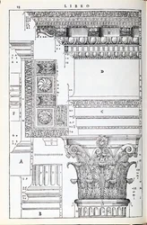 Dettagli decorativi dal Tempio di Traiano, illustrazione da una copia facsimile di 