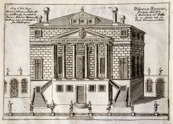 Facciata principale di Villa Foscari, nota come La Malcontenta, Mira, progettata da Andrea Palladio (1508-1580), incisione da Lungo il Canale della Brenta, quasi borgo della città di Venezia, di Vincenzo Coronelli (1650-1718), Venezia