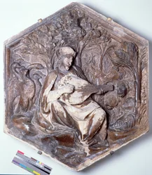 Poesia, piastrella decorativa esagonale da una serie che raffigura le Sette Arti Liberali, probabilmente basata su disegni di Giotto c.1334-48