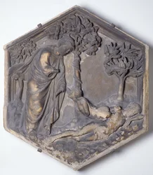 La Creazione di Eva, piastrella decorativa esagonale da una serie che illustra episodi della Genesi, possibilmente basata su disegni di Giotto (c.1266-1337) c.1334-48