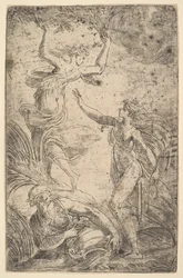 Apollo a destra con un arco che insegue Dafne a sinistra