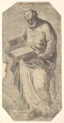 San Pietro che tiene un grande libro aperto, chiavi al suo fianco, da 