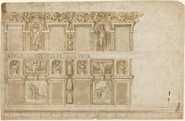 Parete palaziale ornata con sculture e dipinti
