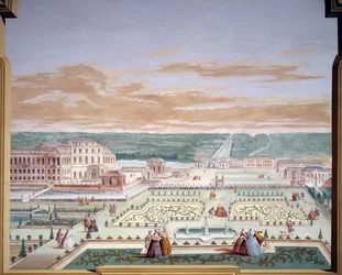 Disegno prospettico di una villa e giardino immaginario, affresco di Andrea Urbani (1711-1798) a Villa Pisani, Stra, Veneto, Italia