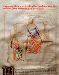 Allegoria della Geometria in "Canzone delle sette Virtù e delle sette Arti liberali destinata a Bruzio Visconti" (La Canzone delle Virtù e delle Scienze) di Bartolomeo di Bartoli. Acquerello di Andrea di Bartoli