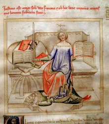 Allegoria della Giustizia in "Canzone delle sette virtù e delle sette arti liberali destinata a Bruzio Visconti" (La Canzone delle Virtù e delle Scienze) di Bartolomeo di Bartoli. Acquerello di Andrea di Bartoli (attivo tra il 1358 e il 1368)