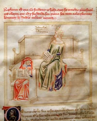 Allegoria della Retorica in "Canzone delle sette virtù e delle sette arti liberali destinata a Bruzio Visconti" (La Canzone delle Virtù e delle Scienze) di Bartolomeo di Bartoli. Acquerello di Andrea di Bartoli (attivo tra il 1358 e il 1368)