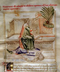 Allegoria della Temperanza in "Canzone delle sette virtù e delle sette arti liberali destinata a Bruzio Visconti" (La Canzone delle Virtù e delle Scienze) di Bartolomeo di Bartoli. Acquerello di Andrea di Bartoli (attivo tra il 1358 e il 1368)