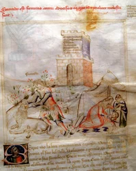 Allegoria del coraggio con Sansone che squarcia il leone e Giuditta che decapita Oloferne in "Canzone delle sette Virtù e delle sette Arti liberali destinata a Bruzio Visconti" (La Canzone delle Virtù e delle Scienze) di Bartolomeo di Bartoli. Acquerello d