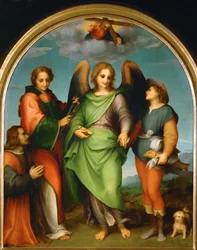 Arcangelo Raffaele e Tobia, San Lorenzo e il donatore, Leonardo di Lorenzo Morelli (dipinto su tavola)