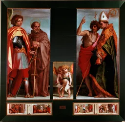 Santi Michele, Giovanni Gualberto, Giovanni Battista, Bernardo degli Uberti. Predella dei Quattro Santi. Dipinto di Andrea del Sarto. 1528. Firenze, Galleria degli Uffizi
