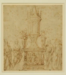 Scuola del Verrocchio. Reliquiario tra un santo ...