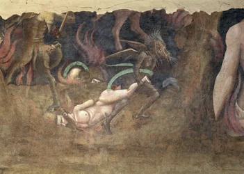 Il trionfo della morte, dettaglio di un diavolo che porta un peccatore all