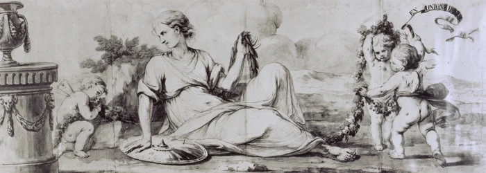 Figura femminile con putti, composizione allegorica, ca 1754, disegno di Andrea Appiani (1754-1817) per cassettone-scrittoio di Giuseppe Maggiolini, Italia