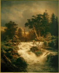 A.Achenbach, Cascata nordica con arcobaleno
