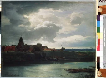 Paesaggio di villaggio su un fiume