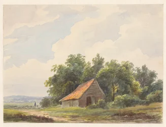 Paesaggio con fienile e in lontananza un pastore con pecore