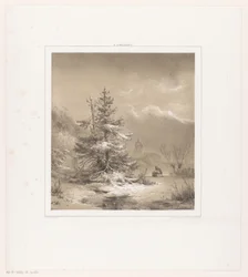 Paesaggio invernale con alberi di conifere e uomo con slitta