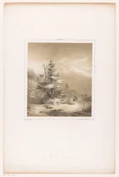Paesaggio invernale con pini e uomo con slitta