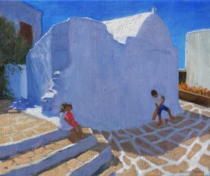 Cricket vicino al muro della chiesa, Mykonos
