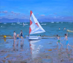 Barca a vela rossa e bianca, Abersoch (olio su tela)