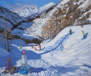 Ombra di un abete e sciatori, Tignes, 2014