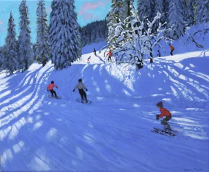 Snowboarder e sciatori, Morzine, Francia, 2022