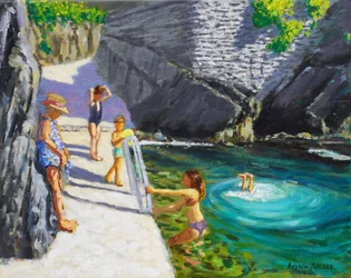 Nuoto nella piscina del mare, Cinque Terre, Italia, 2024 (olio su tela)
