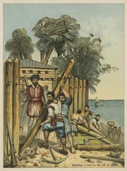 Colombo costruisce un forte ad Haiti (cromolitografia)
