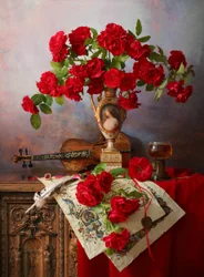 Natura morta con rose rosse