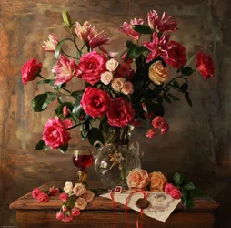 Natura morta con rose romantiche
