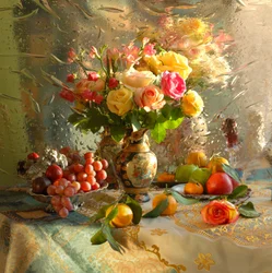 Raccolta di frutta e fiori illuminata dal sole
