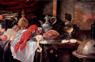 Natura morta con aragosta, prosciutto, argenteria. Dipinto di Andrea Benedetti. Faenza, Pinacoteca Comunale