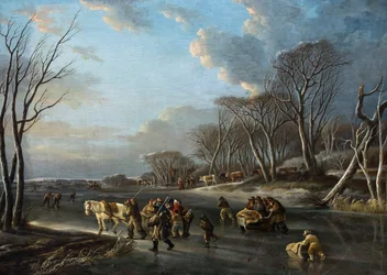 Viaggiatori in slitta su un fiume in Olanda (olio su tela)