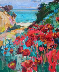 Vista sulla costa con papaveri rossi