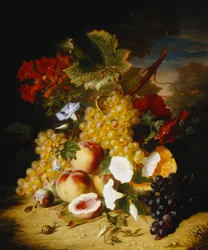 Pesche, uva, un melone, convolvoli e altri fiori in un paesaggio