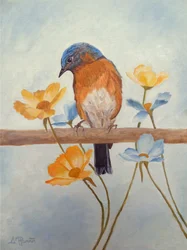 Uccello azzurro primaverile e fiori