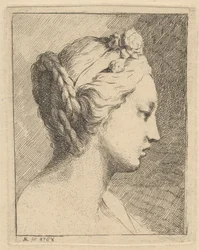 Testa di giovane donna di profilo verso destra